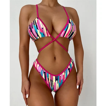 2021 Seksi mozaik bandeau bikini komplet Colorblock tiskanja kopalke ženske High cut kopalke Votlih iz plavanje Niz kopalke