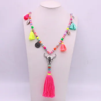Boemski stil, ročno izdelana ogrlica beaded dolgo ogrlico čudovite barvne kroglice rese in krava glavo ženski nakit ogrlica
