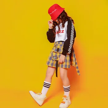 Dekleta Sweatshirts Tartan Mini Krilo Otroci Jazz Culottes Hip Hop 2 Kos Set Otroci Oblačila Obreži Zgoraj Kariran Pantskirt Ulični Ples