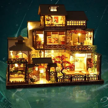 DIY 3D lesene Tri-zgodba Retro veliki vili z led luči Ročno izdelan miniaturni lutke kit lutka hiša roombox igrače & hobiji