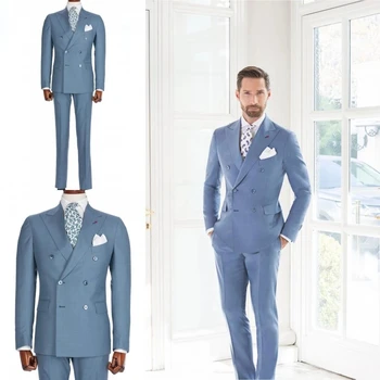 Moške Obleke, 2 Kosa Dvojno Zapenjanje Perilo Rajon Modra Blazerji Slim Fit Formalno Poroko Kostum Tuxedos Jakna+Hlače
