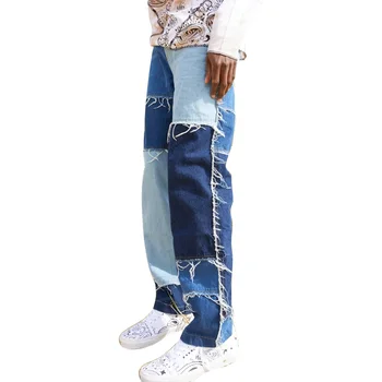Moški Pranje Splice Priložnostne Naravnost Tassel Mozaik Jeans Hlače Moški Modni Ulične Svoboden Hip Hop Denim Celotno Dolžino Hlače