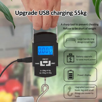 Polnjenje prek kabla USB 55KG/10g Mini Elektronski Prenosni Digitalni Obsega LED Zaslon Natančnost Teže Prtljage Visi Obsega Ribolova Bilance