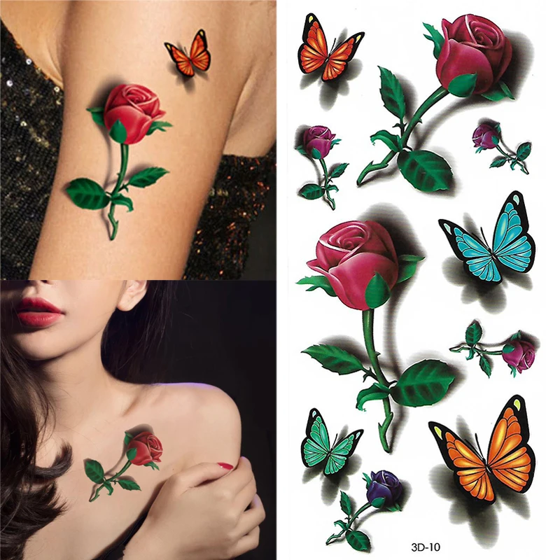 1pcs Rose Cvet Začasne Tetovaže 3D Metulj Nepremočljiva Dekleta Vratu Zapestje Body Art Ponaredek Tattoo Nalepke Vodo Prenos Tatoo