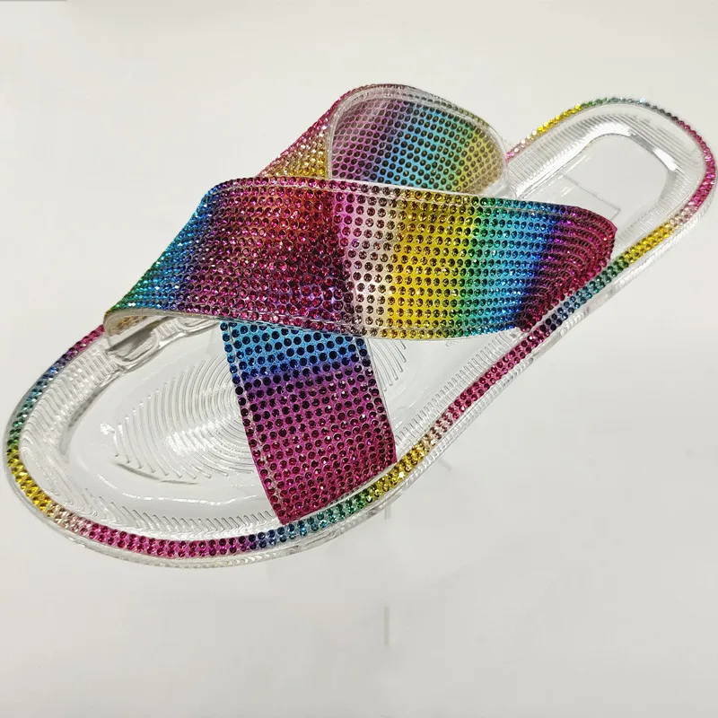 2021 Modni Slog Mavrica Dvojni Križ Trak Jelly Poletje Diamond Sandale Za Ženske Čevlje