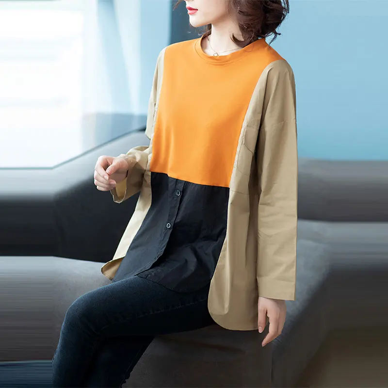 2021 Pomlad Novo Koreja Moda za Ženske, Dolg Rokav Svoboden O-vratu Bluzo Vse ujema Priložnostne Mozaik Barve Majice Plus Velikost V263