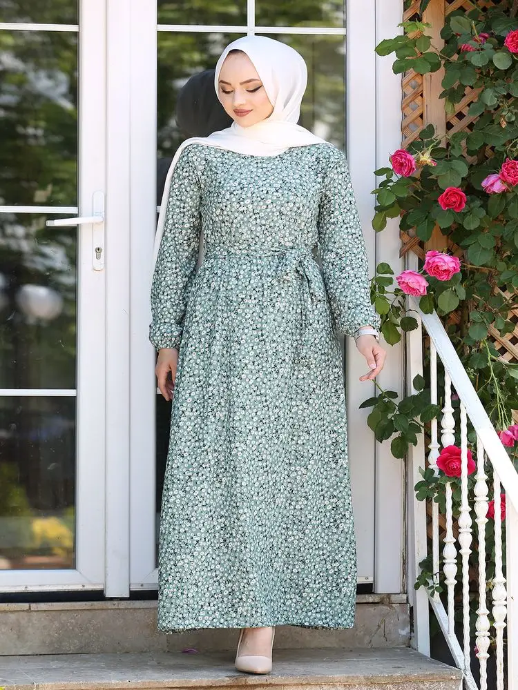 Cvet podrobno pasu shirred obavijen Muslimansko žensko obleko Ramadana tam kaftan Dubaj Abaya Turčija Muslimanske ženske headscarf obleko Islamsko