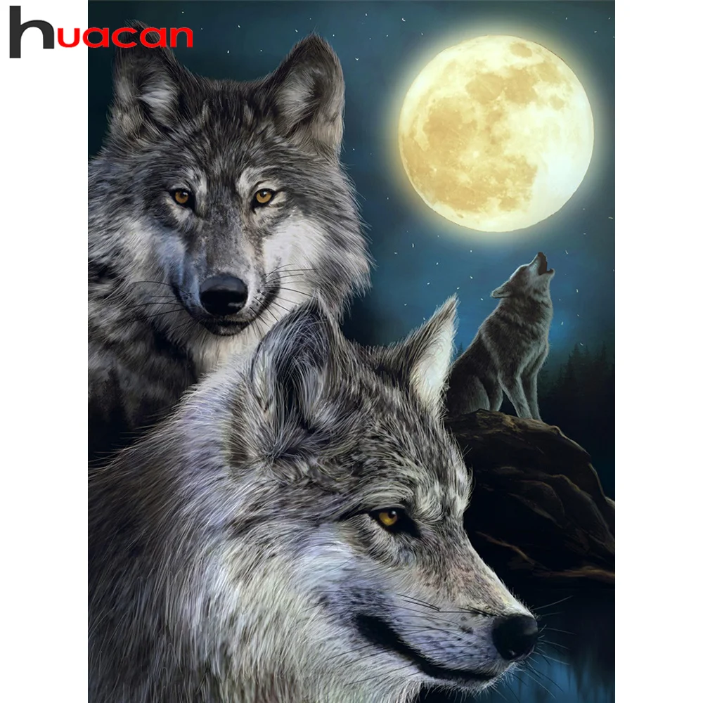Huacan Diamond Slikarstvo Nov Prihod Volk Luna Stenske Nalepke Mozaik Vezenje Živali Noč Kristalno Darilo