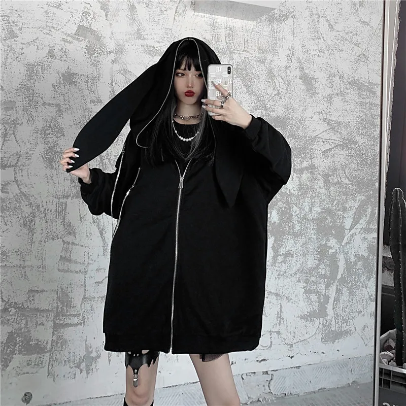 Jeseni, Pozimi Ženske Harajuku Punk Gothic Dekleta Črno Zajec Ušesa Hoodies Majica Japonski Pop Svoboden Dolg Rokav Plus Velikost