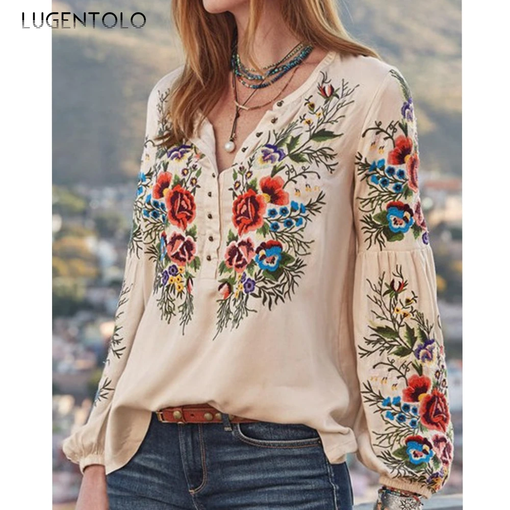 Lugentolo Plus Velikost Womens Vrhovi in Bluze Dolgo Luč Rokav Tiskanja Proti-vrat Pomlad Poletje Priložnostne Moda Svoboden Ženske Bluze