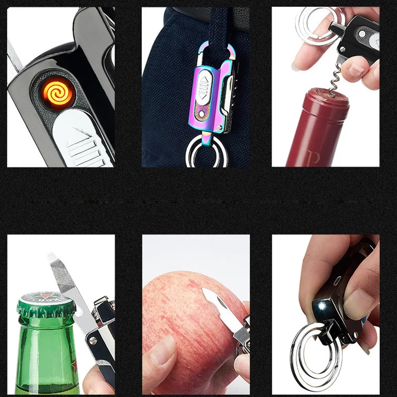 Multi-funkcijo keychain USB polnilne Elektronski Vžigalnik Kovinski Windproof Cigar Lažji Pivo Odpirač/sadje nož/Svetilka