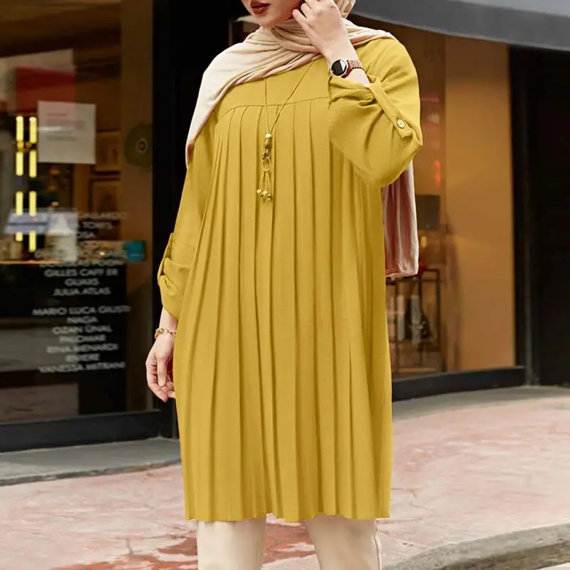 Naguban Solid Majica ZANZEA Ženske Poletje Polno Rokav Muslimanskih Bluzo Dubaj Turčija Abaya Blusas Priložnostne Dolgo Vrhovi Tunika