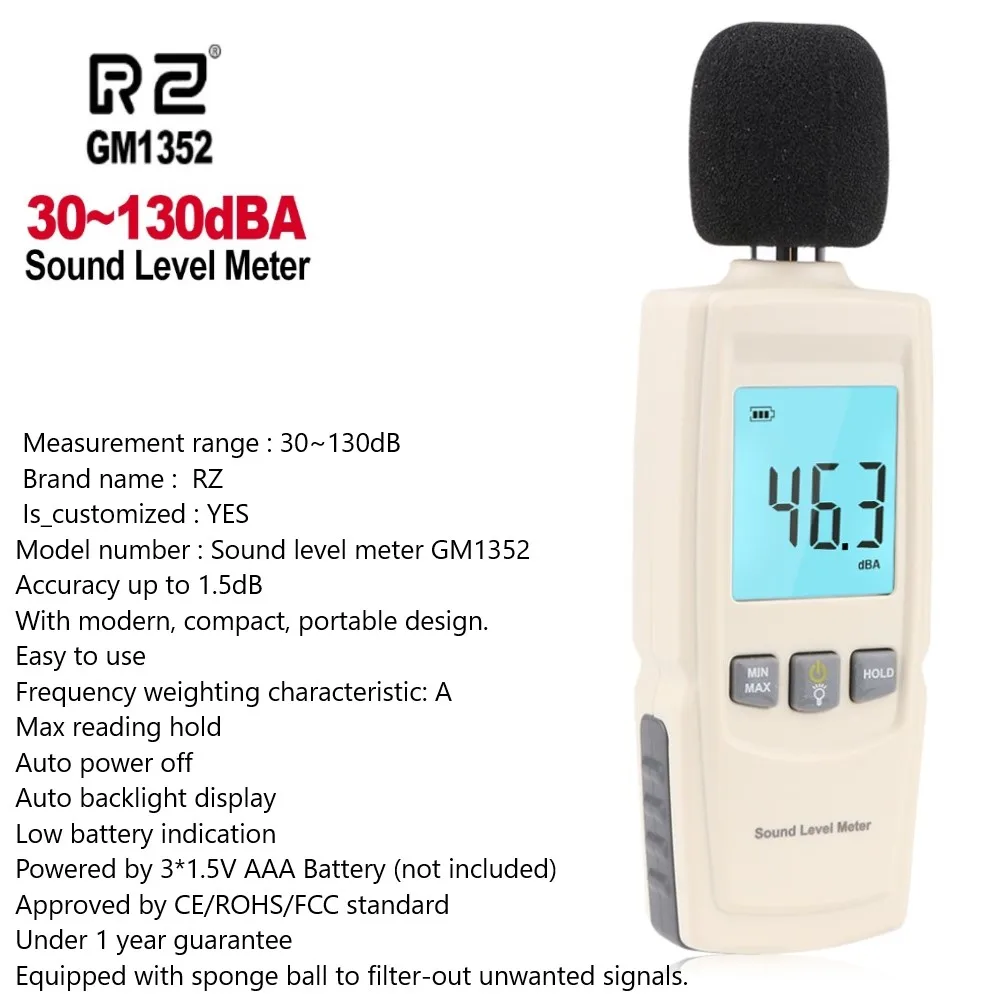 RZ Hrupa Merilni Instrument db Meter 30~130dB Mini Audio Merilnik Ravni Zvoka Decibel Monitor Diagnostičnega Orodja Smart Sensor GM1352