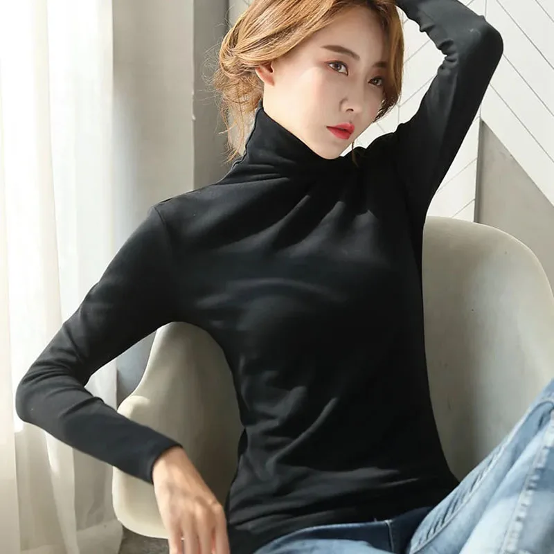 Plus žamet visoko vratu dno rokavi ženske jeseni in pozimi nov slog korejski dolgo rokavi T-shirt slim hujšanje toplo
