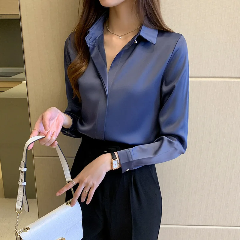 Korejski Urad Ženske Elegantne Svileno Srajco Bluzo Ženske Mode Gumb Gor Saten Majica Chic Vintage Bele Majice Z Dolgimi Rokavi Vrhovi