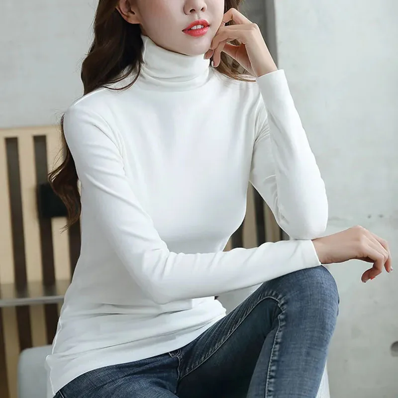 Plus žamet visoko vratu dno rokavi ženske jeseni in pozimi nov slog korejski dolgo rokavi T-shirt slim hujšanje toplo