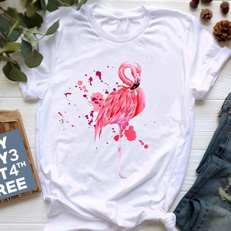 Novo Flamingo majica s kratkimi rokavi ženske Modni Harajuku Kratek Sleeve Majica s kratkimi rokavi ženske Poletje Priložnostne Harajuku Majica plus velikost Beli Vrhovi