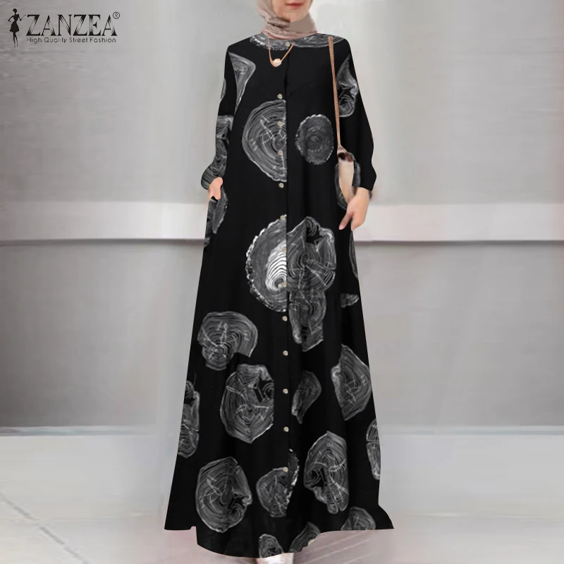 ZANZEA Ženske Letnik Natisnjeni Dubaj Turčija Abaya Hidžab Obleko Priložnostne Jilbab Islamska Oblačila Caftan Marocain Dolgimi Rokavi Obleka